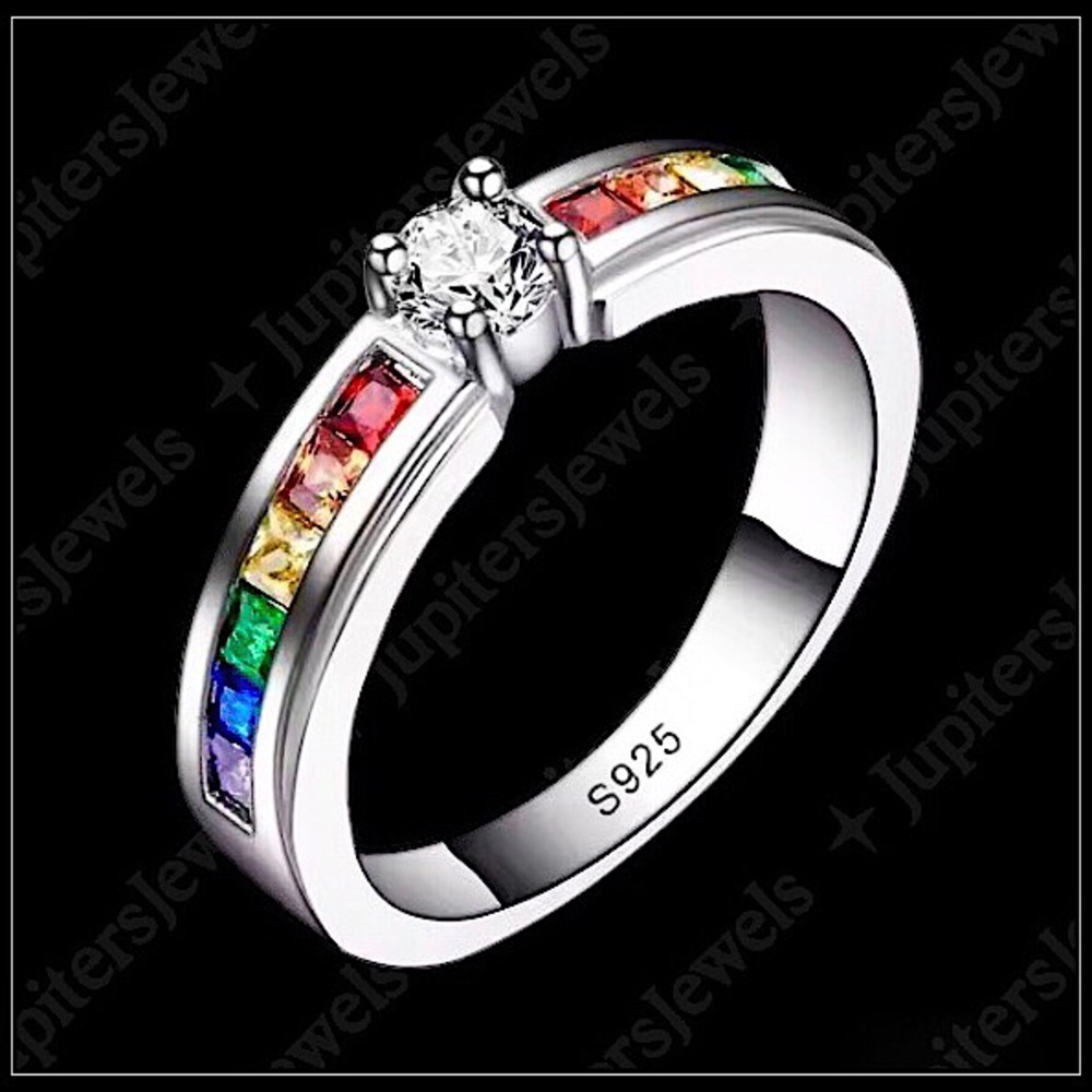 Clearance! NEW 925 COLORFUL RAINBOW SQUARE GEM BAGUETTE STONE RING - Picture 1 of 5
